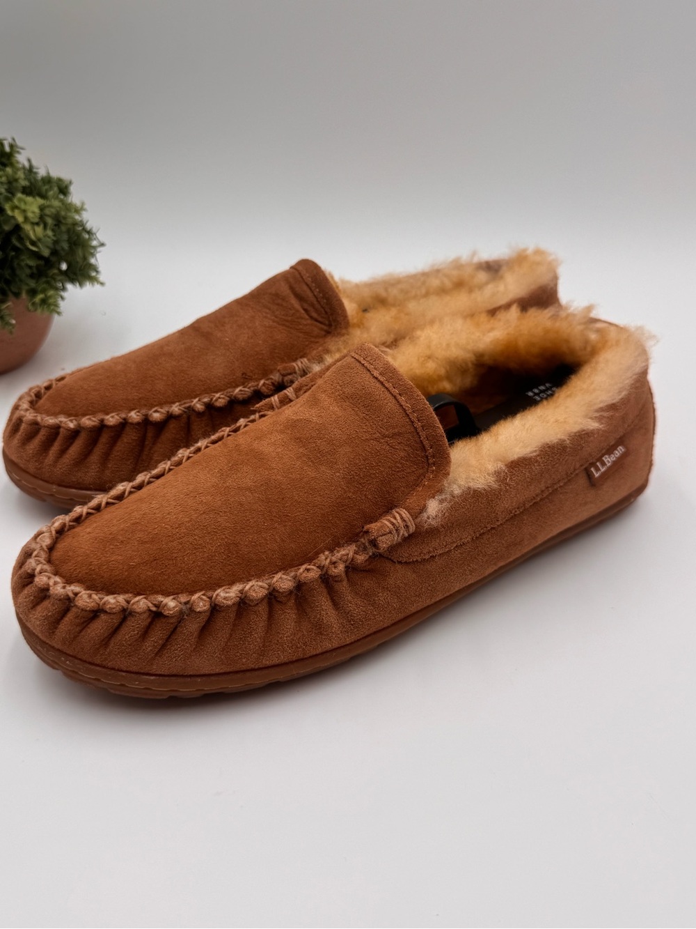 L.L. Bean Men's Chestnut Suede Shearling-Lined Moccasin Slippers 13